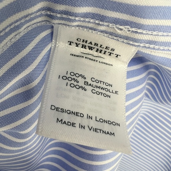 Charles Tyrwhitt Classic Fit Non-Iron Dress Shirt Mens 18/35 Blue Striped Cotton - Picture 8 of 12